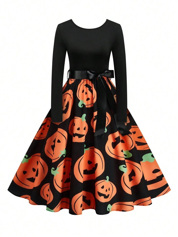 SHEIN LUNE Plus Size Women Pumpkin Print Round Neck Long Sleeve Elegant Dress, Spring Summer | SHEIN