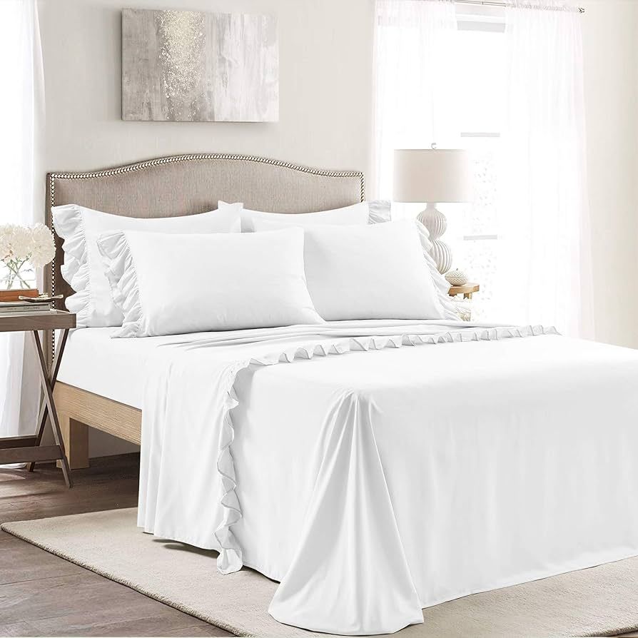 Lush Decor Reyna 4 Piece Ruffle Sheet Set, Queen, White | Amazon (US)