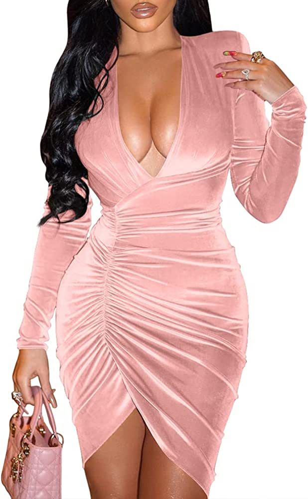 YMDUCH Women's Sexy Long Sleeve V Neck Ruched Bodycon Wrap Cocktail Club Mini Dress | Amazon (US)