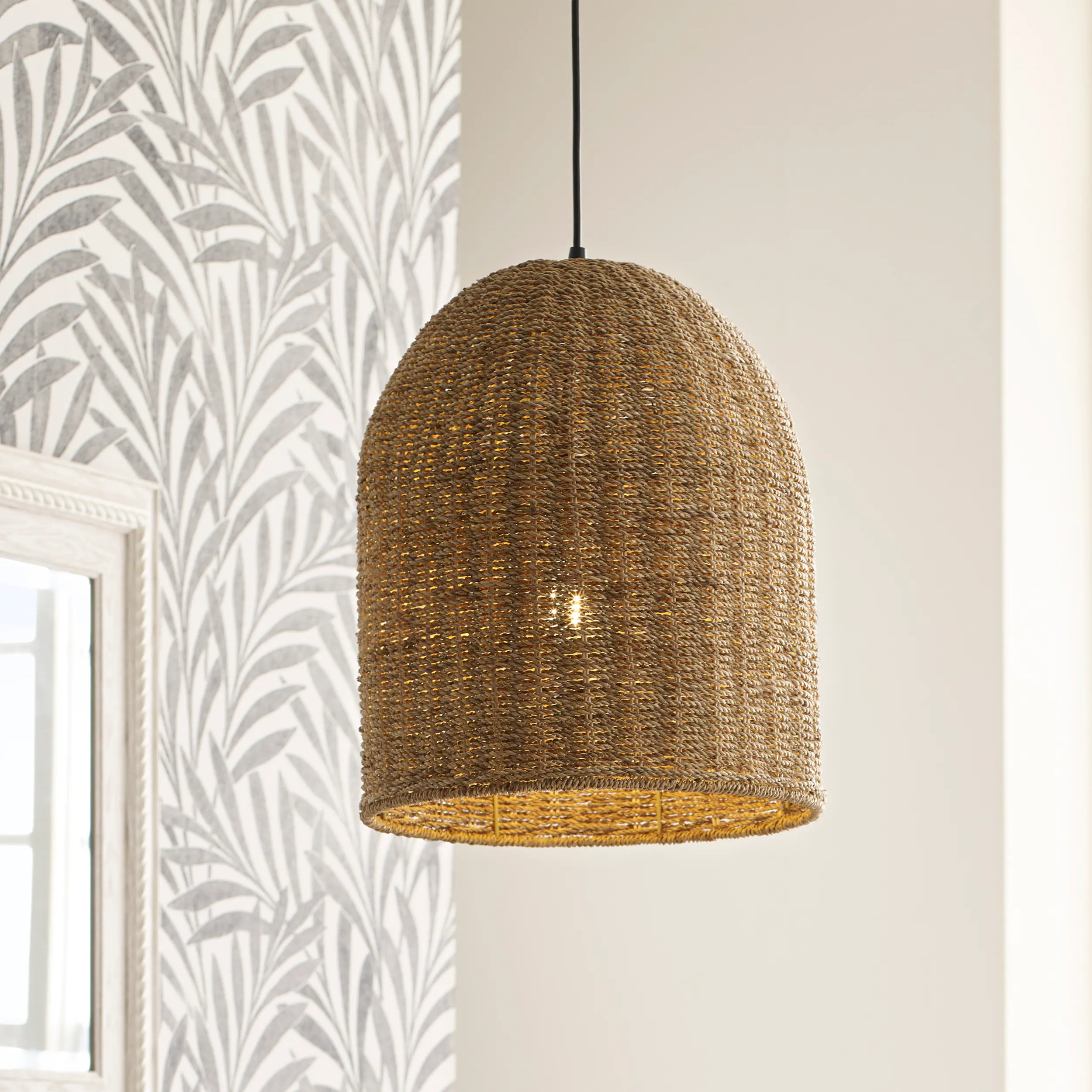 allen + roth Brit Black Canopy With Natural Rattan Shade Traditional Dome Medium Hanging Pendant light | KKE4991A | Lowe's