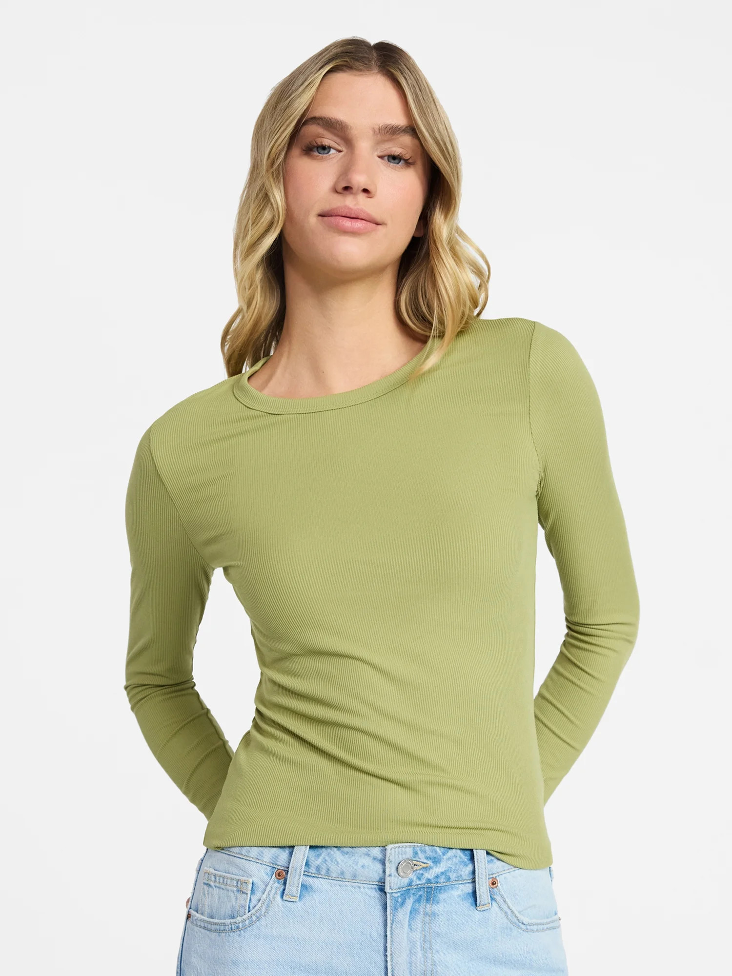 No Boundaries Ribbed Crewneck Tee with Long Sleeves, 1 or 2-Pack, Women's & Women's Plus XXS-XXL | Walmart (US)