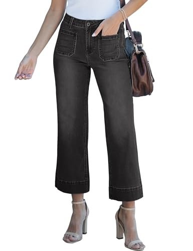 luvamia Wide Leg Jeans for Women Trendy High Waisted Flare Jeans Cropped Denim Pants Stretchy Baggy with Patch Pockets Womens Jeans Size 14 Jeans for Women Black Slacks Women High Waisted Size 12 | Amazon (US)