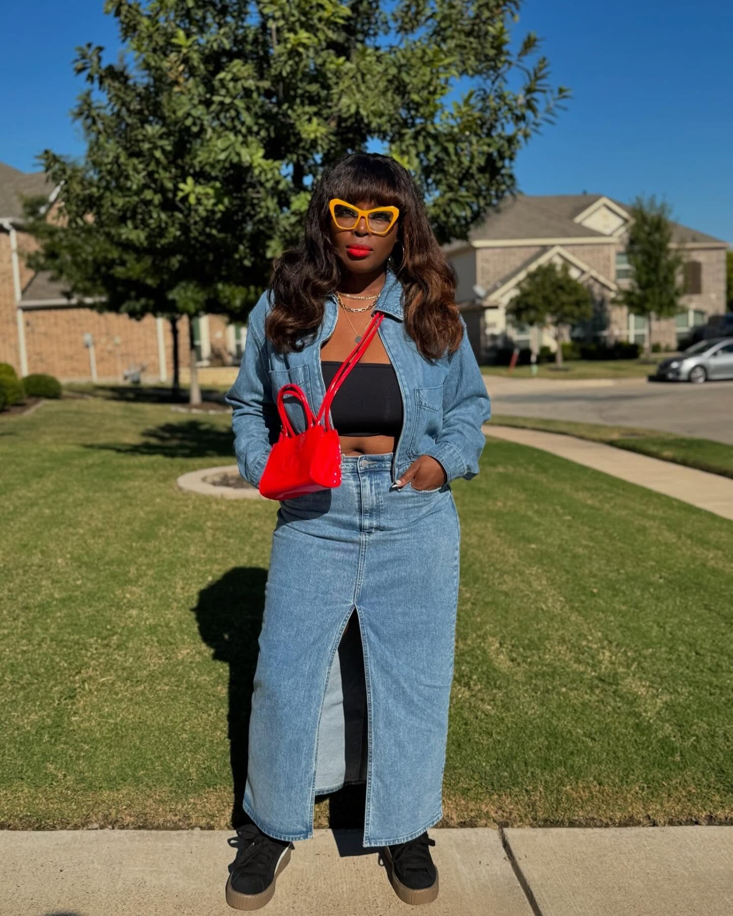 Denim on denim! 👖✨ A perfect mix of comfort and style for a fun weekend! ☀️ 

Details👇🏾
Jacket & Skirt: @target
Sneakers: #Fenty x @puma
Bandeau Top: @zara
Glasses: @zeelool
Bag: @telfarglobal 
Hoops & Necklace: @hm 
Lipstick: @thelipbar

#WeekendVibes #DenimDays #Denim #DenimStyle #fashion #style #outfitinspiration #fashiondaily #instafashion

#LTKShoeCrush #LTKStyleTip #LTKMidsize