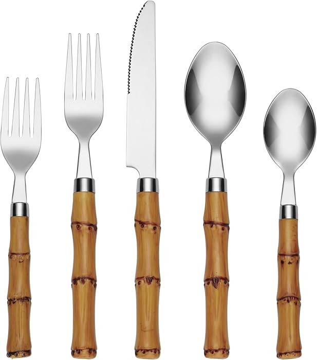 Cambridge Silverware Set, Plastic Bamboo-Shaped Handle 20-Piece Flatware Set, 18/0 Stainless Stee... | Amazon (US)