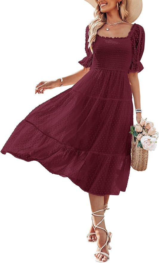 MEROKEETY Women's Summer Square Neck Puff Sleeve Boho Midi Dress Swiss Dot Ruffle Flowy Tie Back ... | Amazon (US)