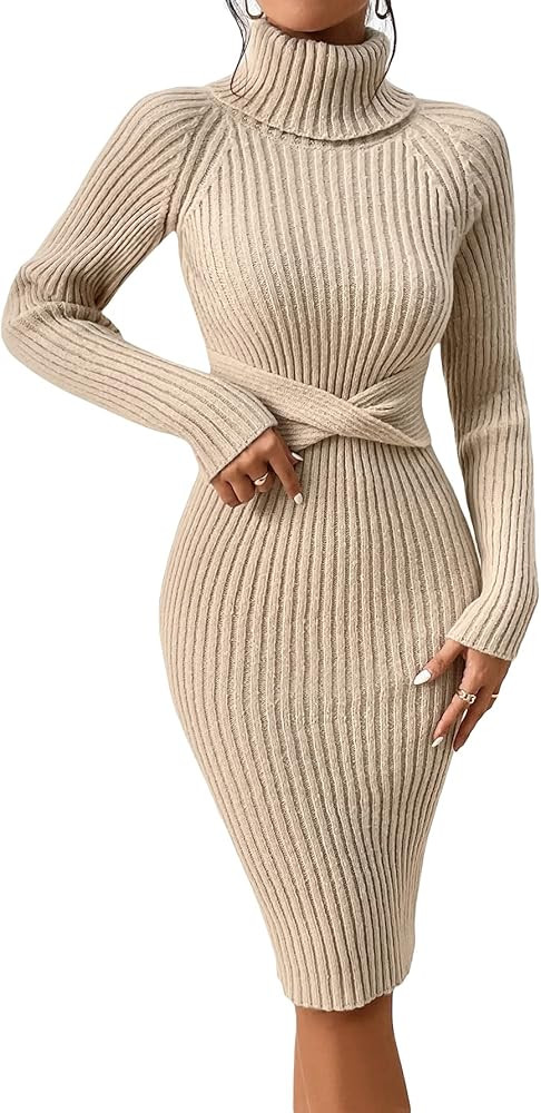 Verdusa Women's Turtleneck Long Sleeve Twist Front Knit Bodycon Sweater Dress | Amazon (US)