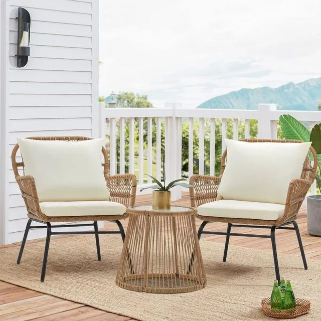 Erommy 3-Piece Patio Conversation Set, Outdoor Wicker Furniture with 2 Wide Armchairs & Tempered ... | Walmart (US)