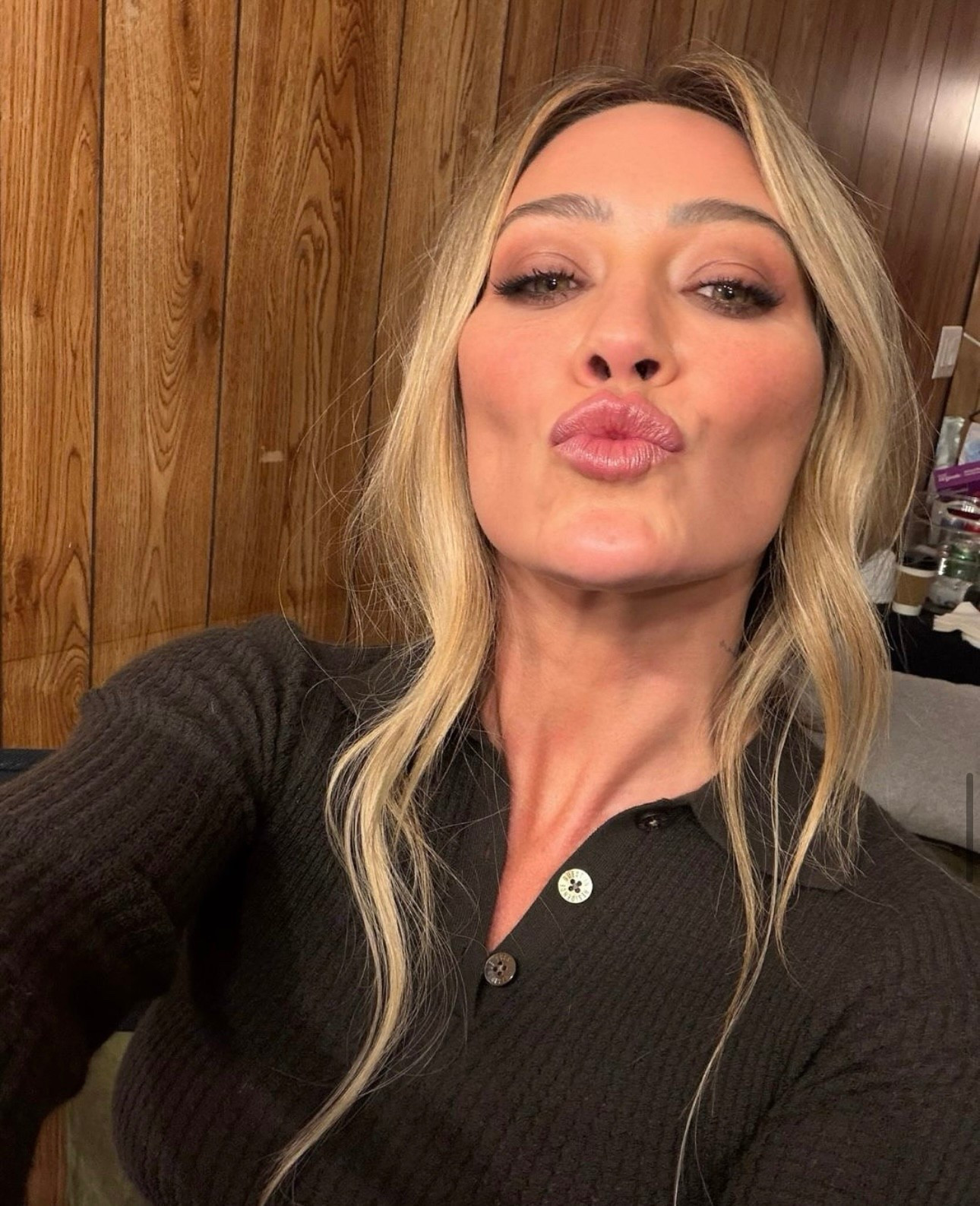 Shop Hilary Duff's long sleeve shrunken polo top in burnt cocoa 