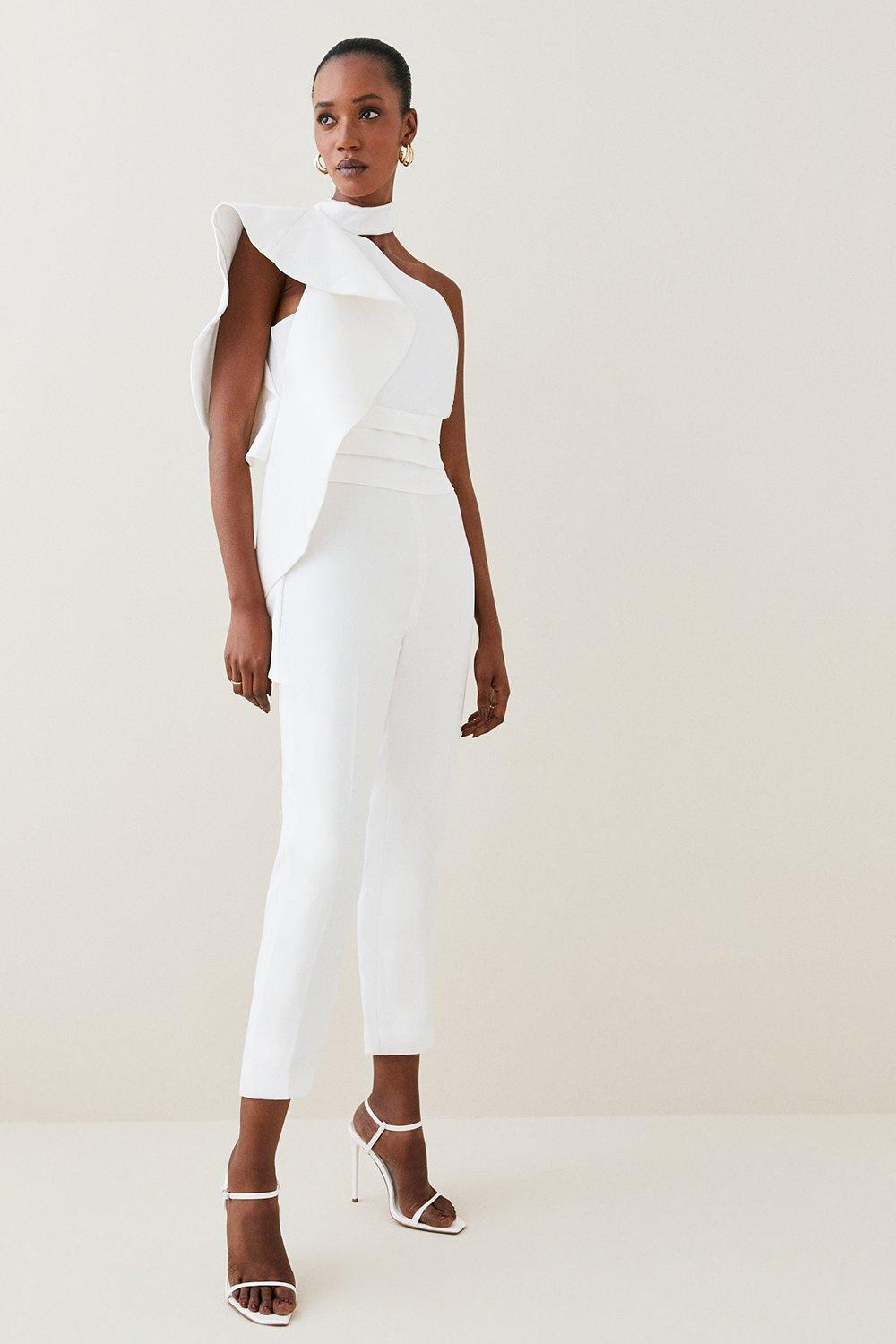 Satin Back Crepe Ruffle Sleeve Jumpsuit | Karen Millen UK + IE + DE + NL