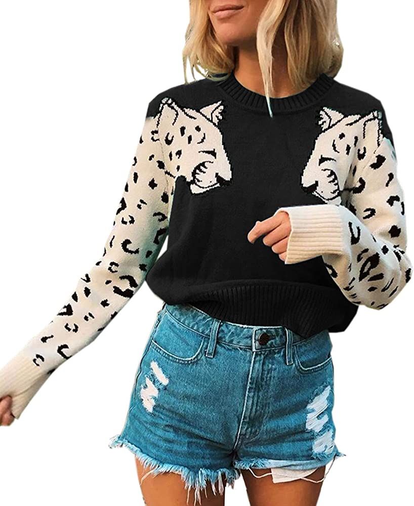 Women's Sweaters Casual Leopard Printed Patchwork Long Sleeves Knitted Pullover Cropped Sweater T... | Amazon (US)