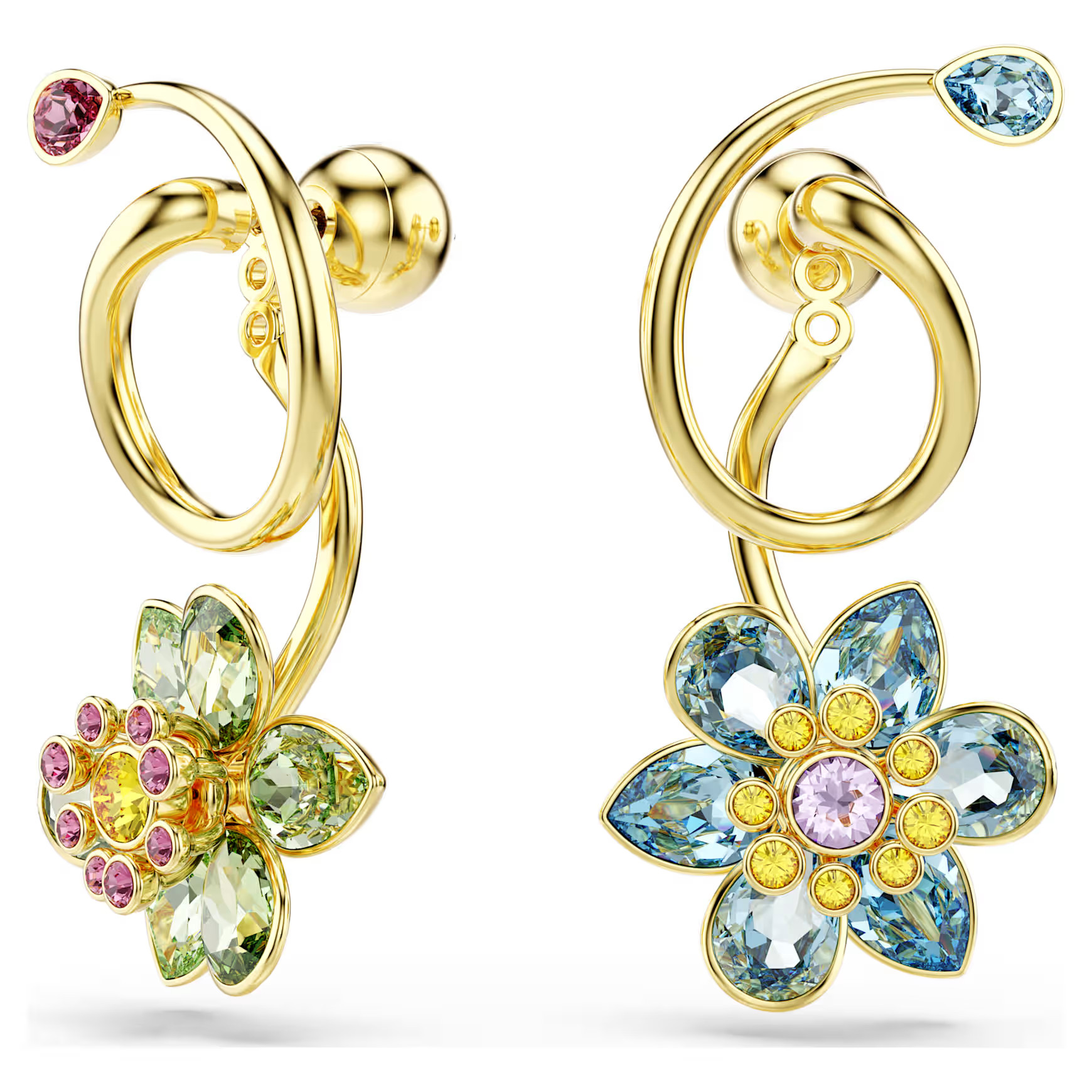 Idyllia drop earrings, Asymmetrical design, Mixed cuts, Flower, Multicoloured, Gold-tone plated b... | SWAROVSKI
