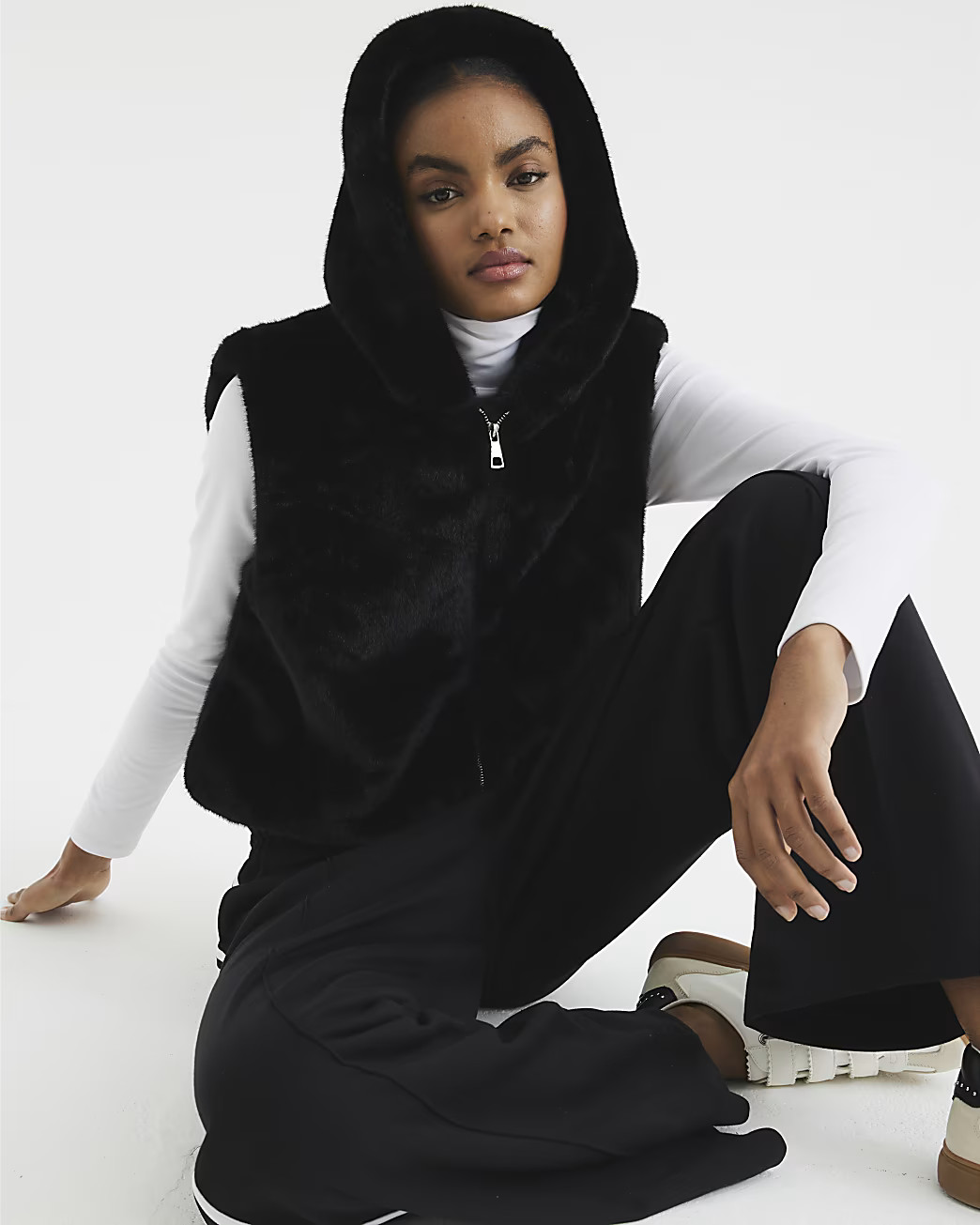 Black Faux Fur Hooded Gilet | River Island UK & IE