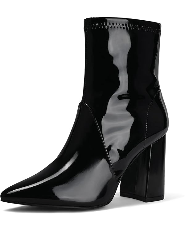 mysoft Women's GoGo Boots Mid Calf Block Heel Ankle Boots Pointed Toe Patent Leather Side Zipper ... | Amazon (US)