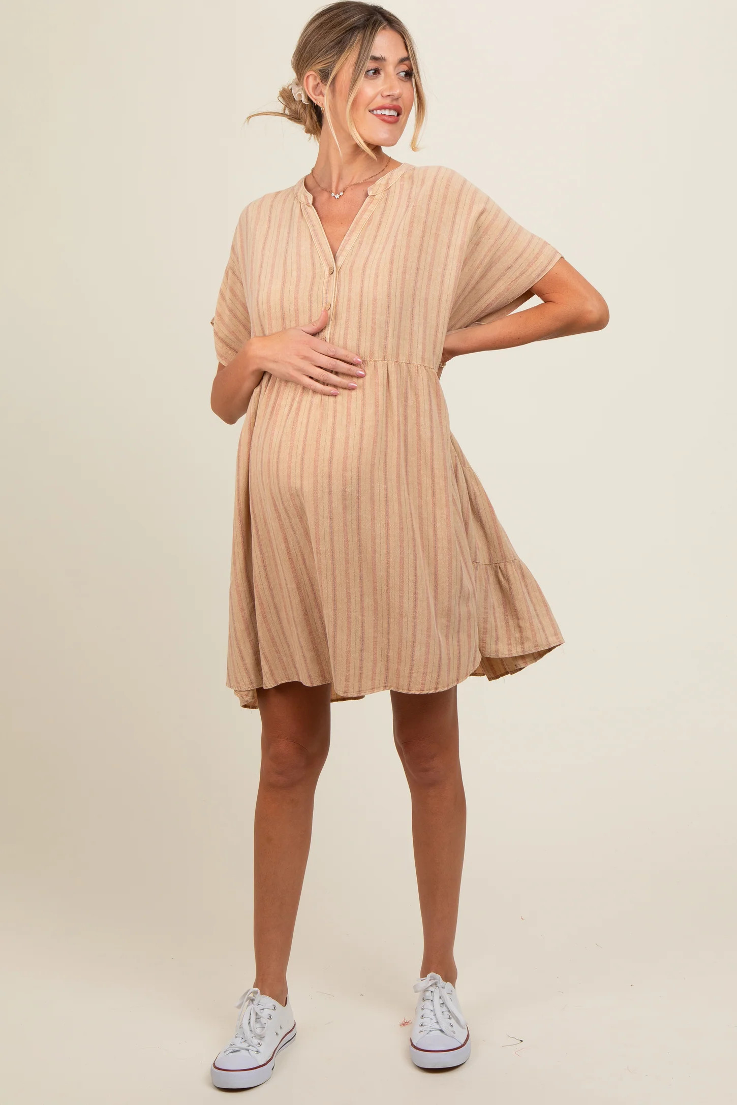 Mocha Striped Button Front Maternity Dress | PinkBlush Maternity