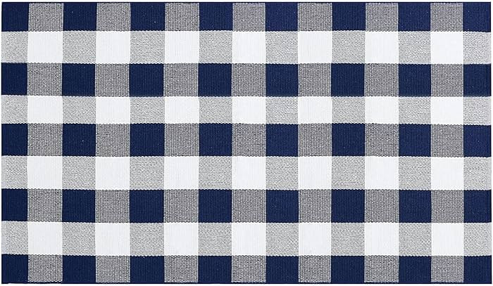 SEEKSEE Cotton Buffalo Plaid Rug 3'x5' Navy Blue and White Checked Rug Washable Doormats Indoor O... | Amazon (US)