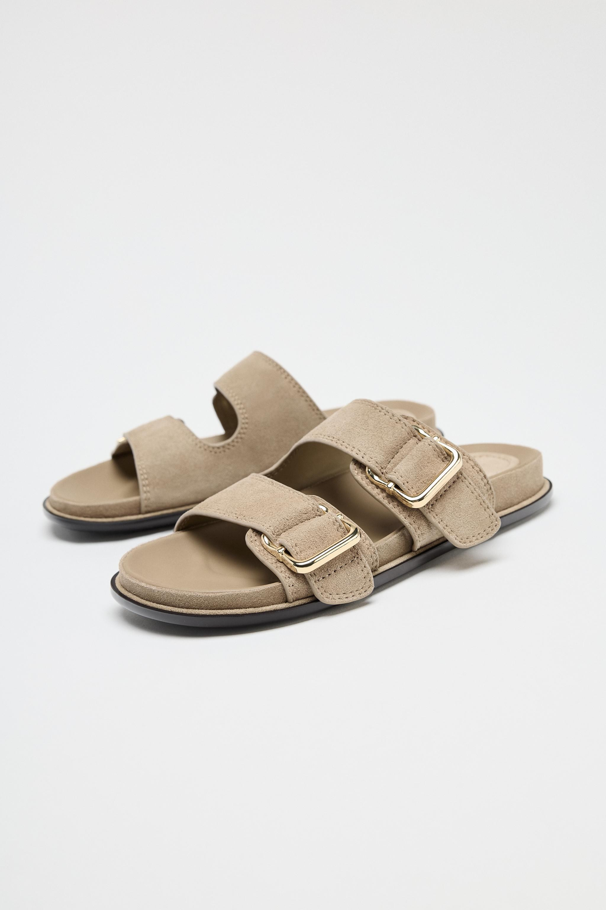 SPLIT LEATHER STRAPPY FLAT SANDALS | Zara US