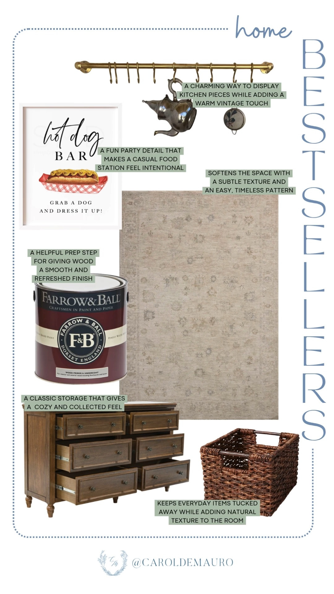 home finds, weekly bestsellers, home favorites, neutral rug, paint primer, hot dog bar sign, brass railing with hooks, dresser table, woven basket, cozy home, home accents, home organization, hosting must have

#LTKHome