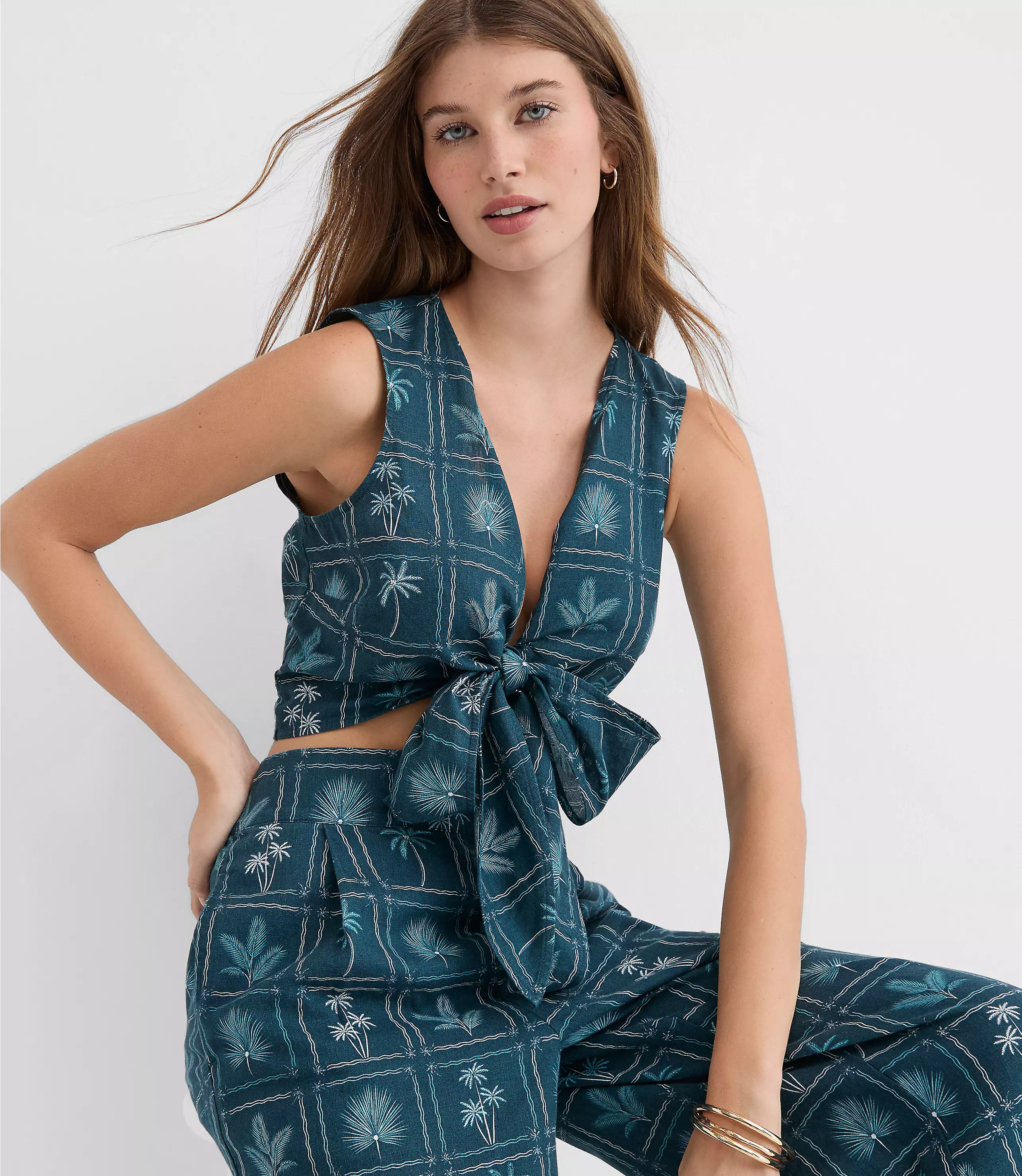 LOFT Beach Palm Linen Cotton Tie Front Top | LOFT