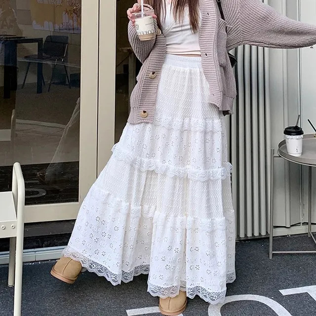 Kilopi - High Waist Plain Lace Panel Maxi A-Line Skirt | YesStyle Global