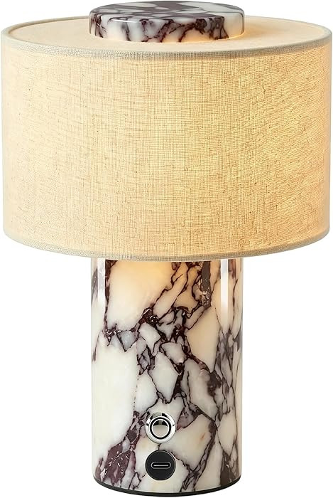 Cordless Marble Table Lamp with USB Port Rechargeable Battery Operated,Bedroom Nightstand Stone Base Touch Dimmable Night Light End Linen Lamp Shades for Side Contemporary Coastal Living Room | Amazon (US)