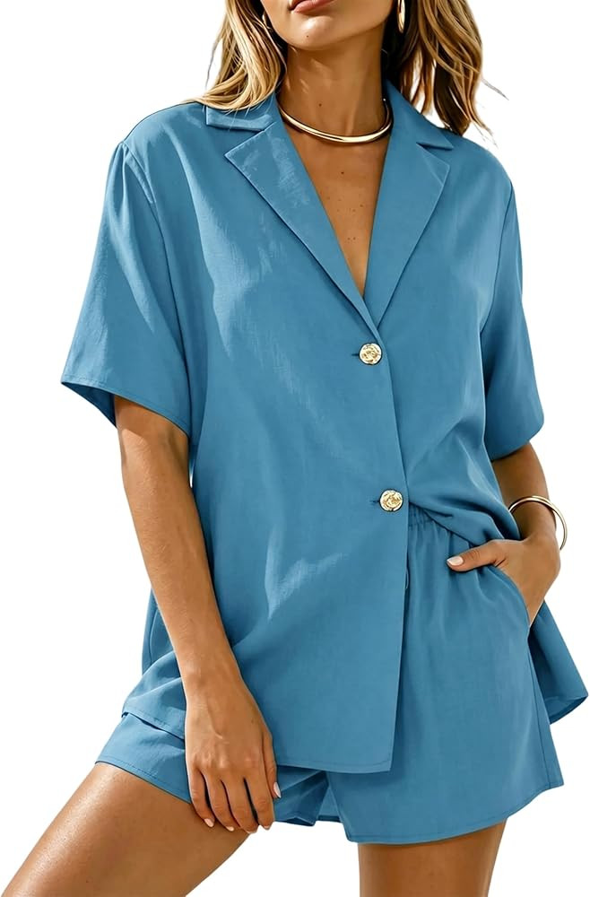 APAFES Womens 2 Piece Linen Short Sets Summer Button Down Shirt Shorts Casual Lounge Beach Vacati... | Amazon (US)