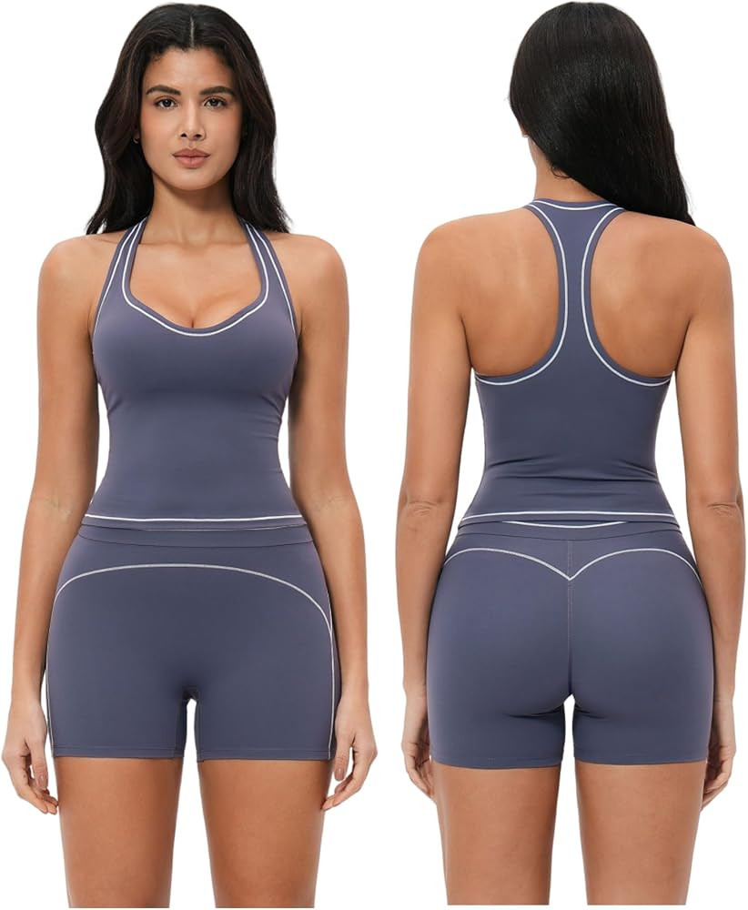 Two Piece Workout Sets for Women Color Block Racerback Tank Tops and High Waist Shorts Gym Yoga O... | Amazon (US)