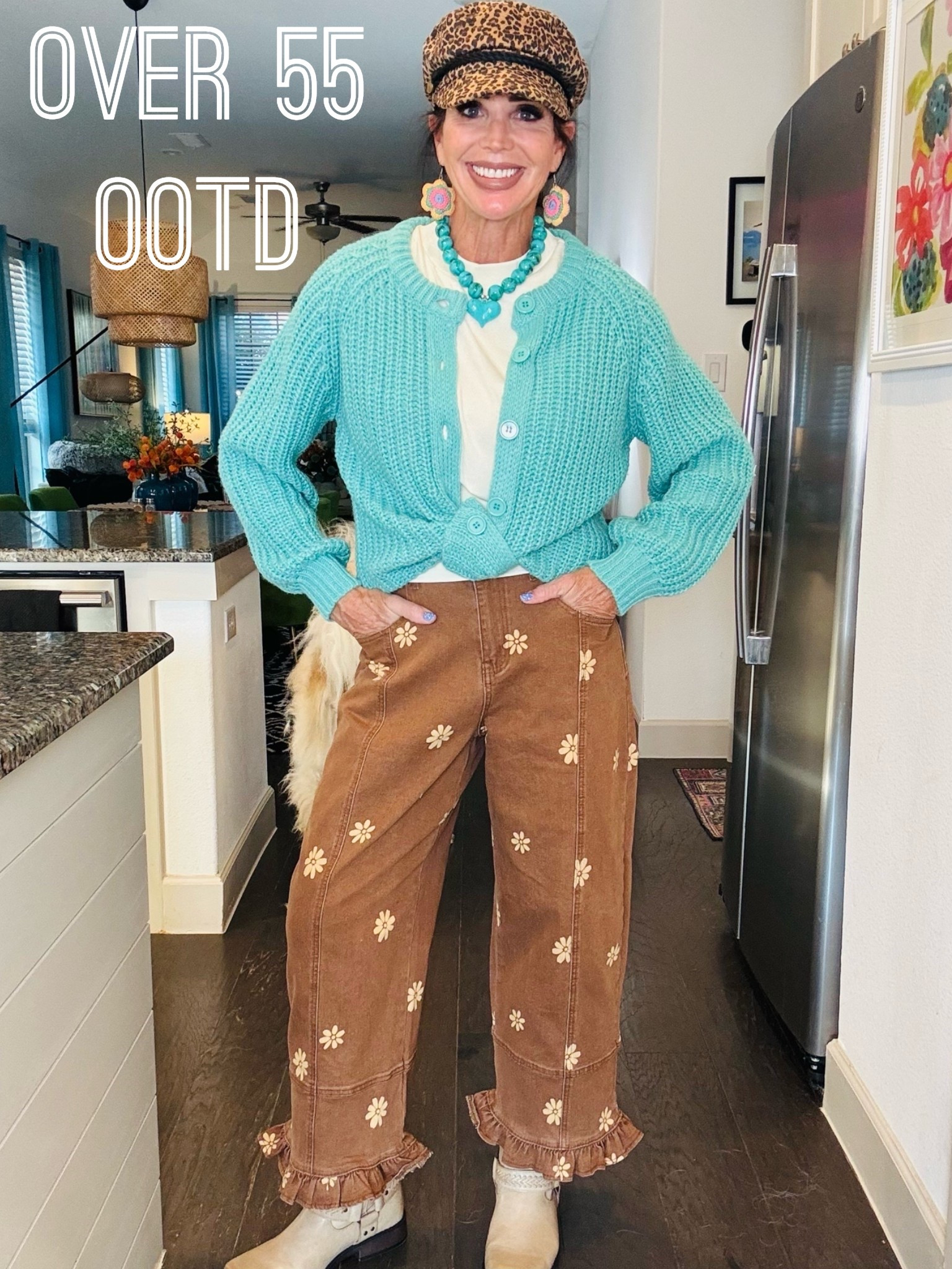 I’m obsessed with this color!  It’s perfect with turquoise jewelry!  Ruffle denim, a chunky cardigan and necklace and a fisherman cap to 
complete the look!!

#LTKOver40 #LTKSeasonal #LTKootd