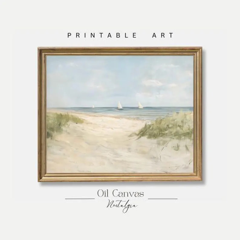 Printable Wall Art Vintage Beach Oil Painting, Summer Sea Art, Ocean Costal Landscape, Blue Nauti... | Etsy (US)