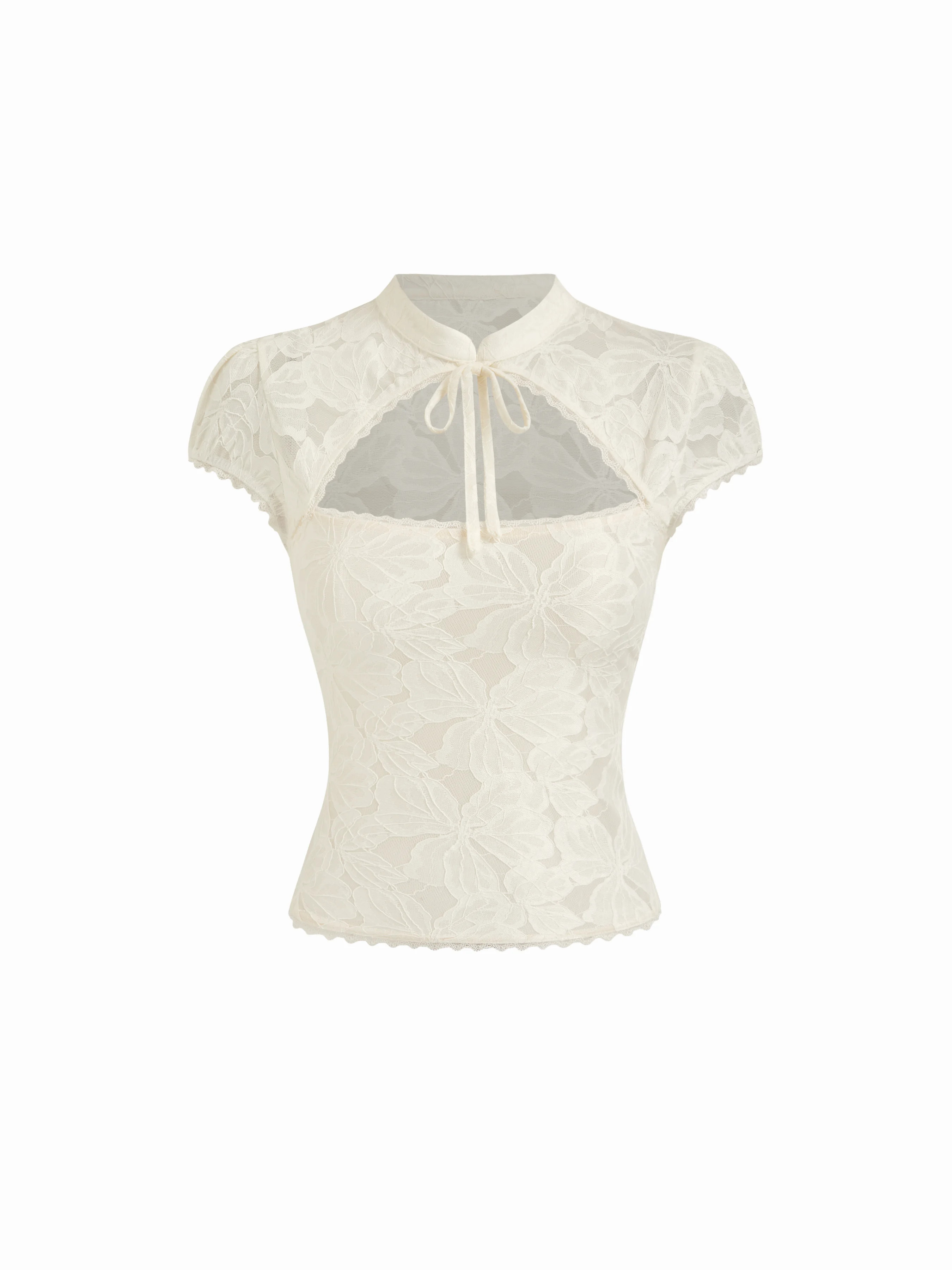 Floral Lace Stand Collar Cut Out Bowknot Short Sleeve Top | Cider