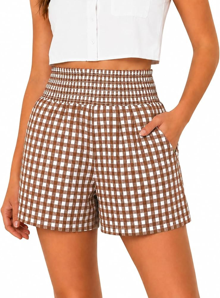 Women High Waisted Elastic Waist Striped Or Plaid Casual Summer Shorts | Amazon (US)