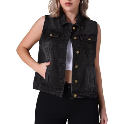 INSPIRE CHIC Women's Sleeveless Turndown Collar Button Down Chest Flap Pockets Washed Denim Vest X-Large Black | Target