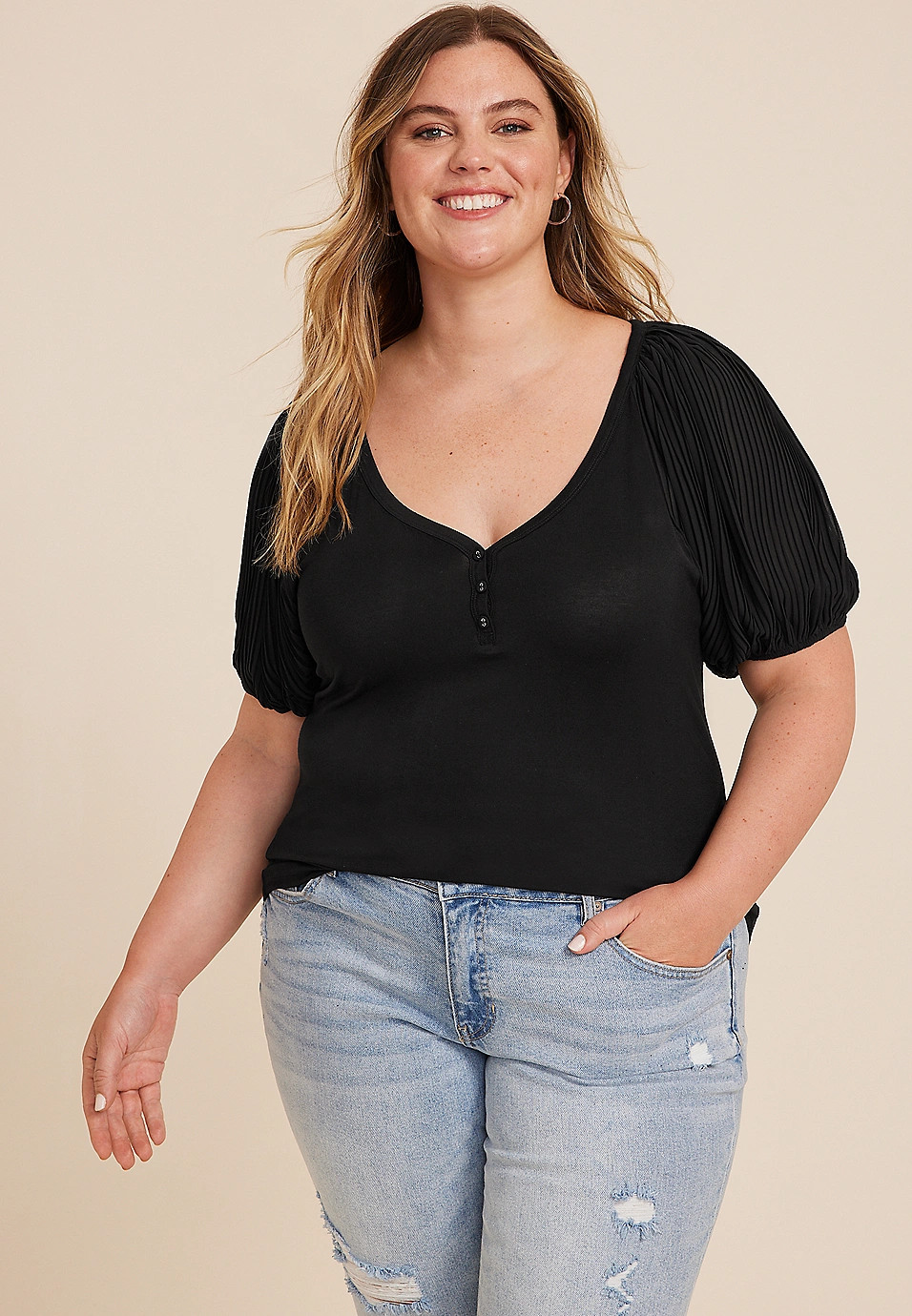 Plus Size Plisse Puff Sleeve Henley Blouse | Maurices