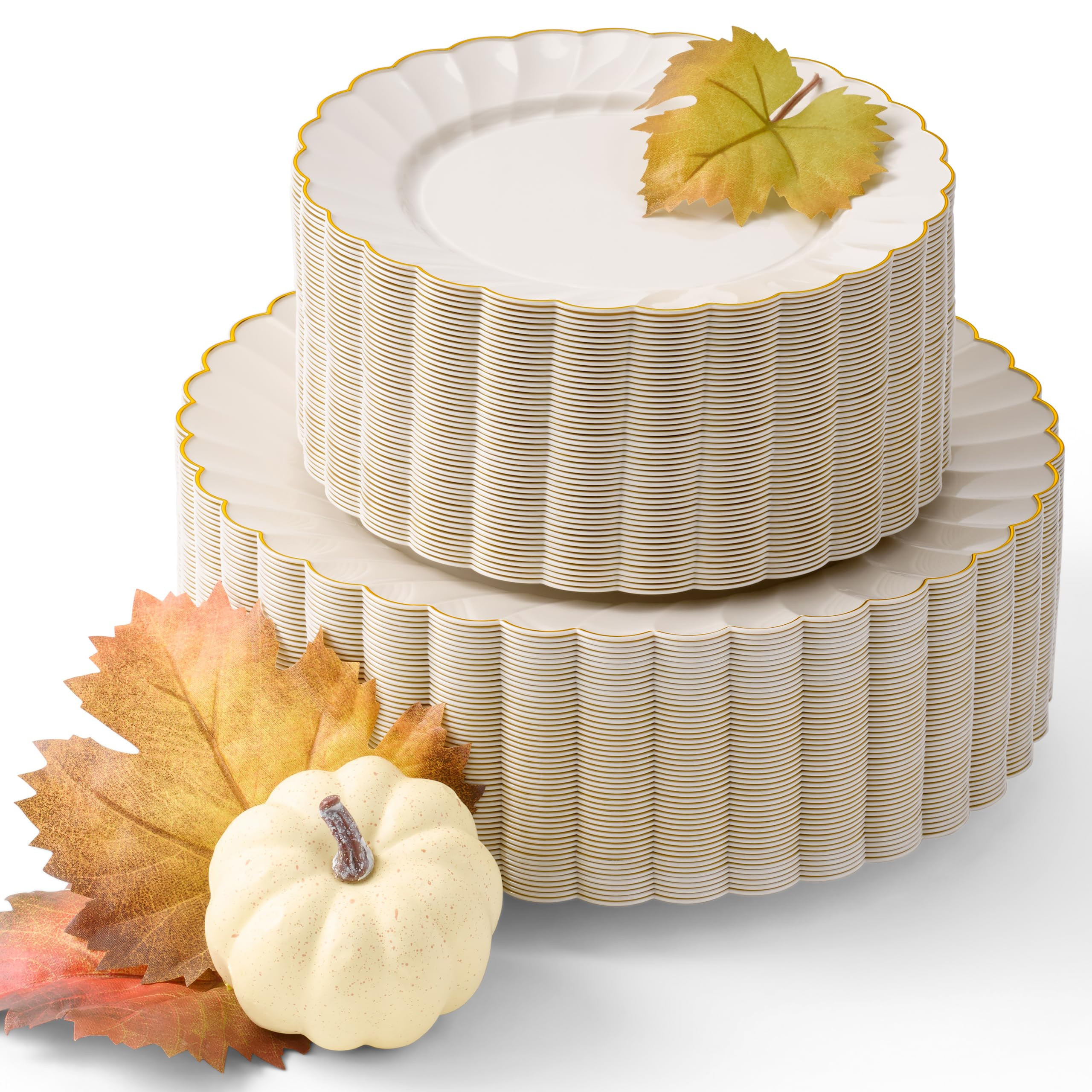 By Madee HEAVYWEIGHT 100 Pc Thanksgiving Plastic Plates for Party – Ivory Scalloped Plates with... | Amazon (US)