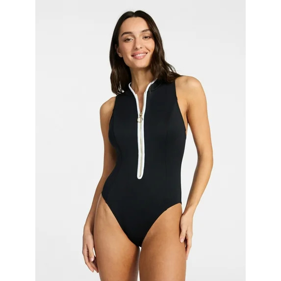 Time and Tru Women's and Women's Plus Size Zip Front Tank Rash Guard Swimsuit, Sizes XS-3X | Walmart (US)
