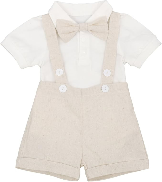 Baby Boys Formal Suit Set Short Sleeve Romper Suspenders Shorts Pants Bowtie Wedding Tuxedo Outfi... | Amazon (US)