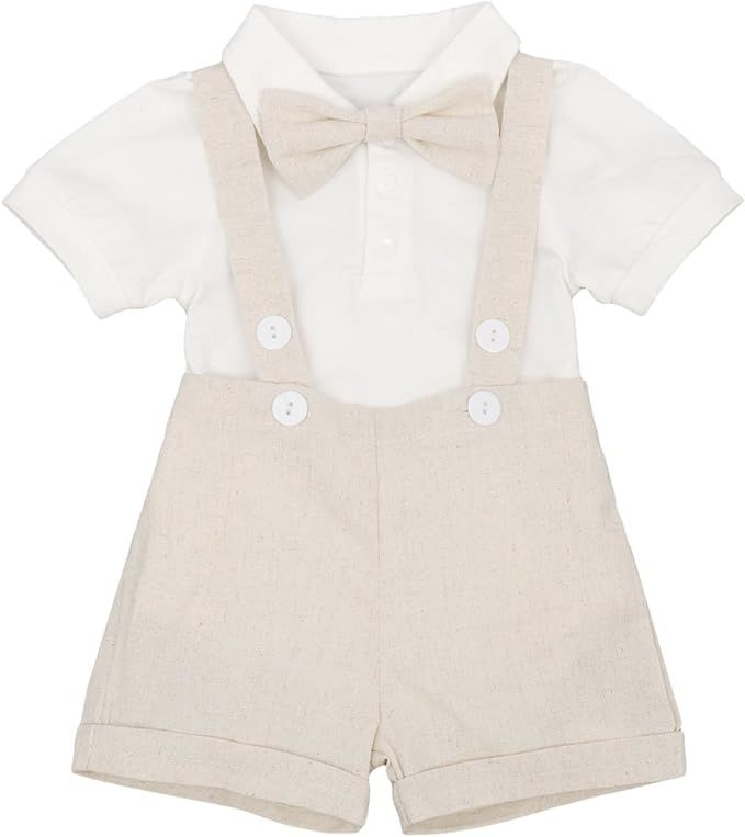 IDOPIP Baby Boys Formal Suit Set Short Sleeve Romper Suspenders Shorts Pants Bowtie Wedding Tuxed... | Amazon (US)