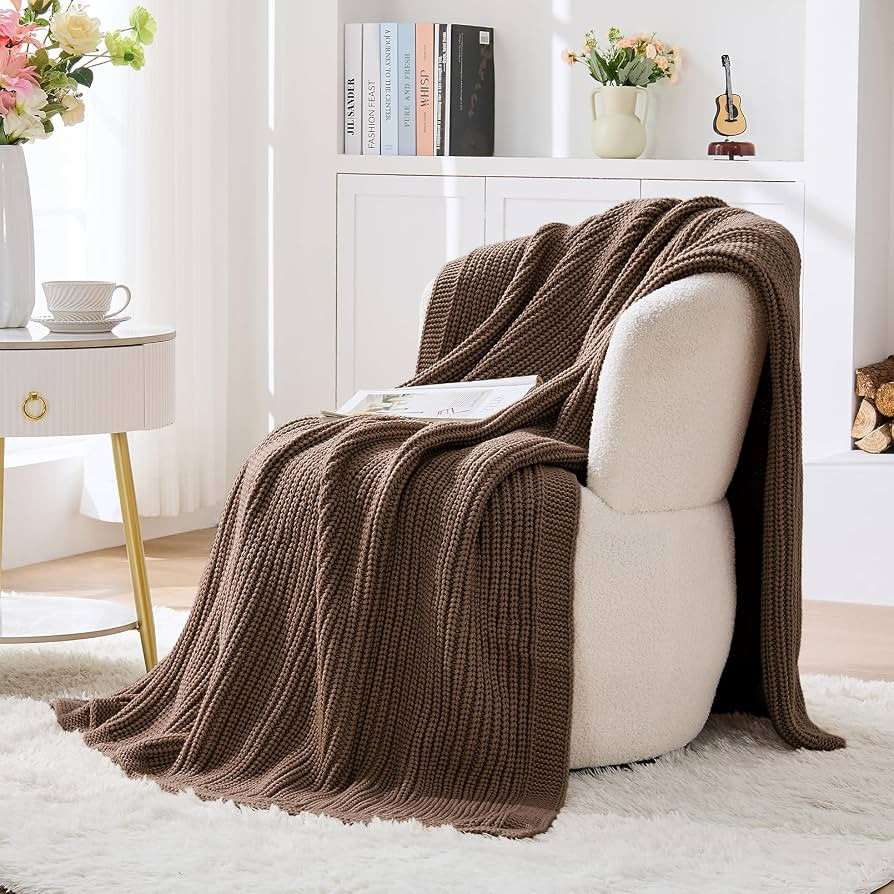 Chunky Knit Brown Throw Blanket for Couch Soft Cozy Thick Knitted Blanket for Sofa Bed, Breathabl... | Amazon (US)