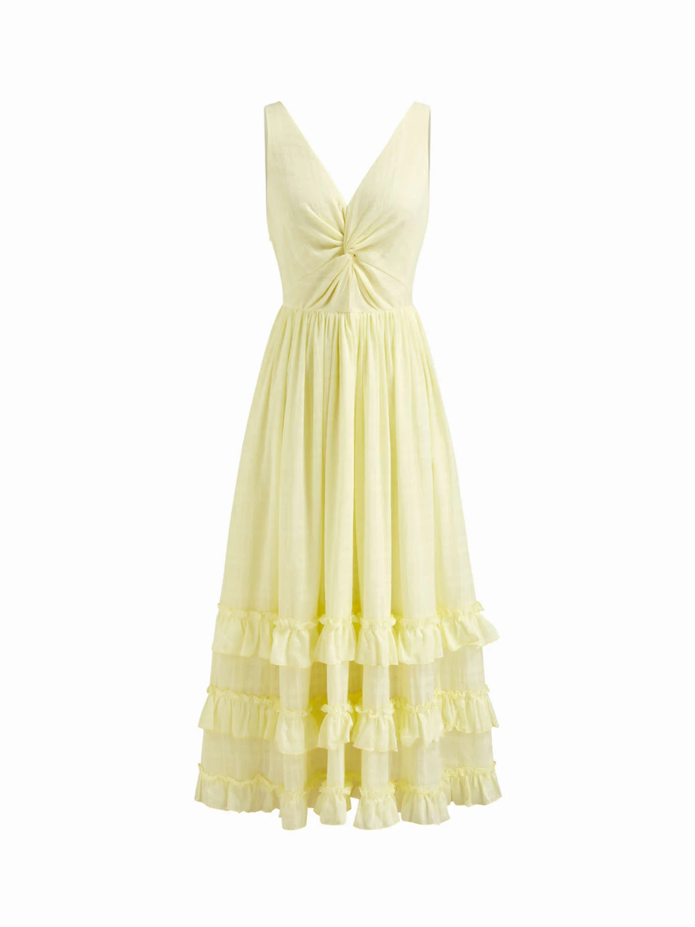 Woven Cotton V-neck Twisted Ruffle Trim Layered Maxi Dress For Daily Casual Date Picnic | Cider