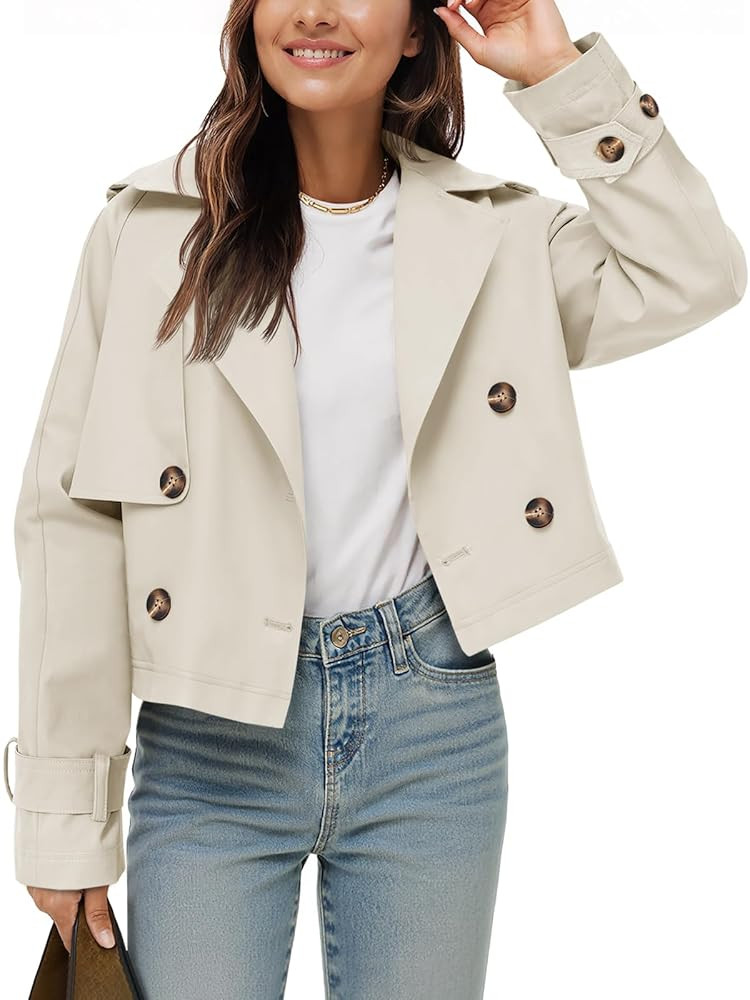 Tankaneo Womens Cropped Trench Coat Lapel Double Breasted Short Jacket Outwear | Amazon (US)