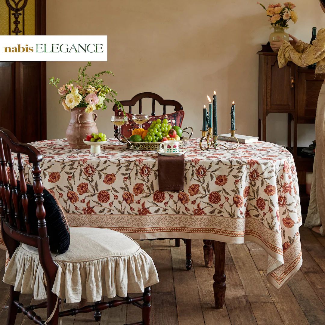 Elegant Tablecloth Block Print Floral Tablecloth Retro Waterproof Tablecloth Custom Table Cover f... | Etsy (US)