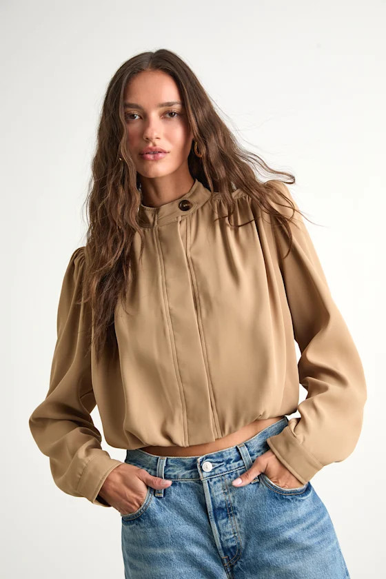 Melanya Tan Puff Sleeve Cropped Bubble-Hem Jacket | Lulus