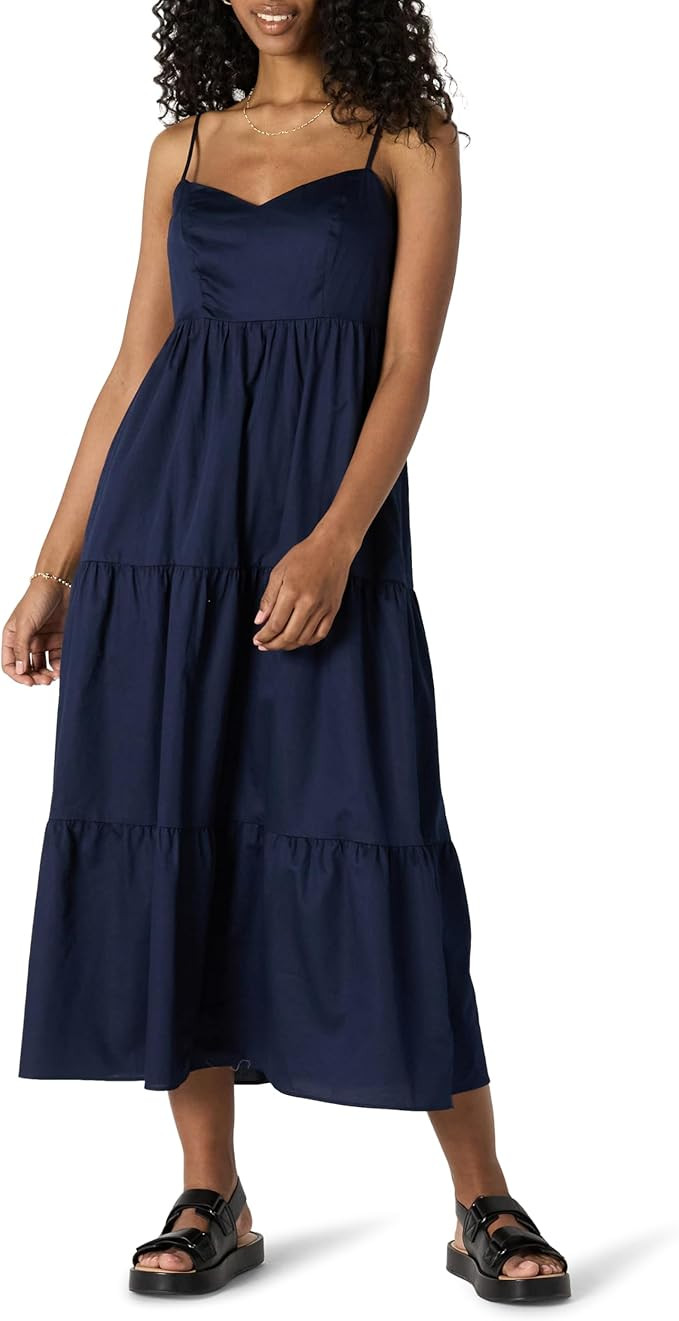 Amazon Essentials Women's Fit and Flare Empire Waisted Cotton Sateen Tiered Maxi Dress | Amazon (US)