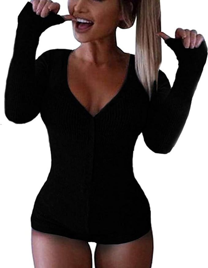 Roselux Women's Sexy Deep V Neck Shorts Long Sleeve Knitted One Piece Bodysuit Sexy Pajama Onesie... | Amazon (US)