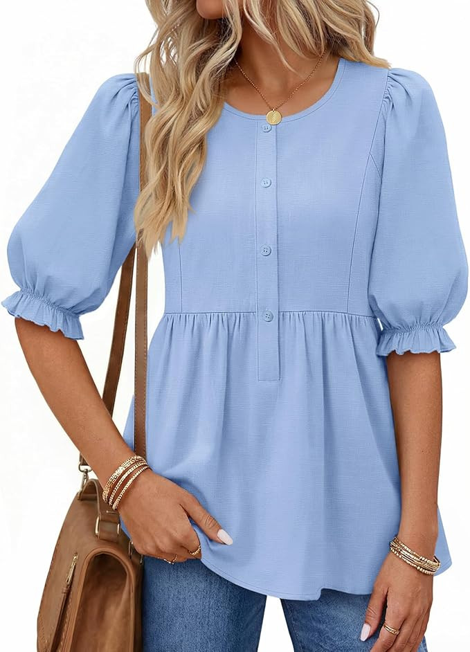 MEROKEETY Women's Summer Babydoll Peplum Tops Blouse 2026 Puff Short Sleeve Crewneck Ruffle Casua... | Amazon (US)