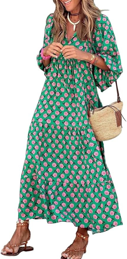 miduo Womens Loose Fit Casual Summer V Neck Half Sleeve Bohemian Geometric Pattern Maxi Long Dres... | Amazon (US)