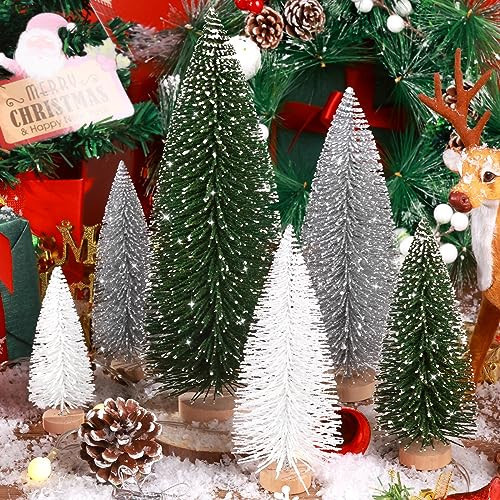 6pcs Mini Christmas Trees Decorations Small Bottle Brush Trees,Artificial Tabletop Christmas Tree for Indoor Outdoor Home Room Party Gift (Green, Silver, White) | Amazon (US)