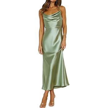 Summer Satin Spaghetti Strap Cowl Neck Backless Midi Dresses for Women Elegant Tie Low Back Ruche... | Amazon (US)