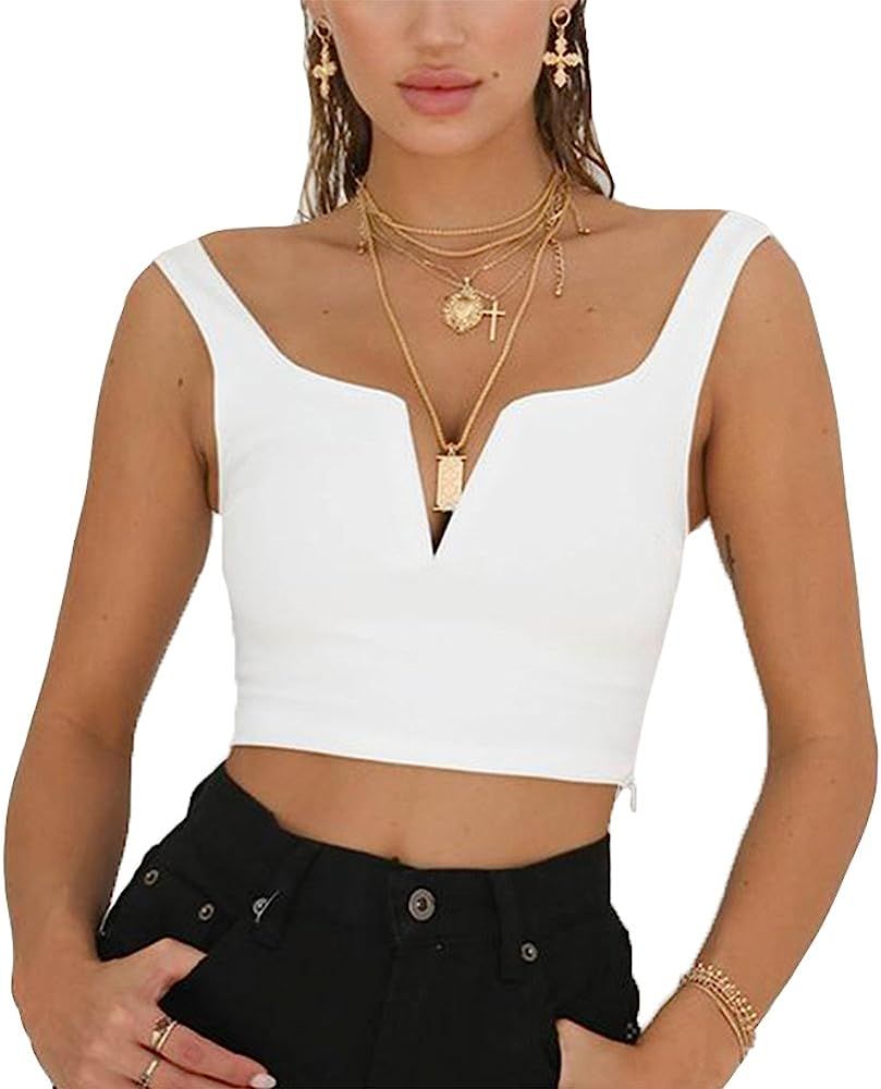 Susupeng Women Sexy Deep V Neck Sleeveless T Shirt Slim Crop Top Side Zip Casual Tank Tops | Amazon (US)