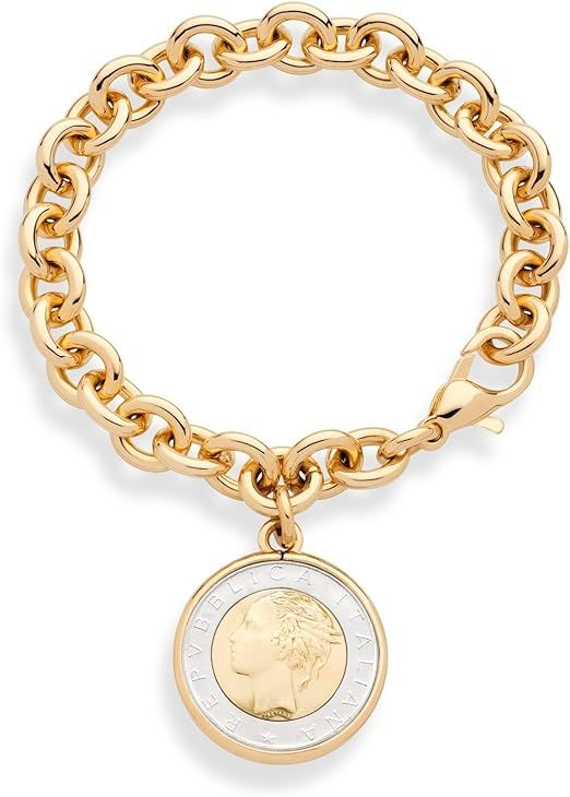 Miabella 18K Gold over Bronze Italian Genuine 500-Lira Coin Charm Rolo Link Chain Bracelet for Wo... | Amazon (US)