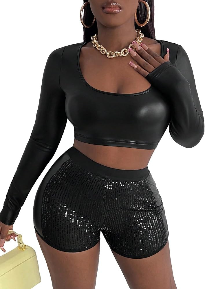 MakeMeChic Women's Faux PU Leather Scoop Neck Long Sleeve Slim Fit Crop Top | Amazon (US)